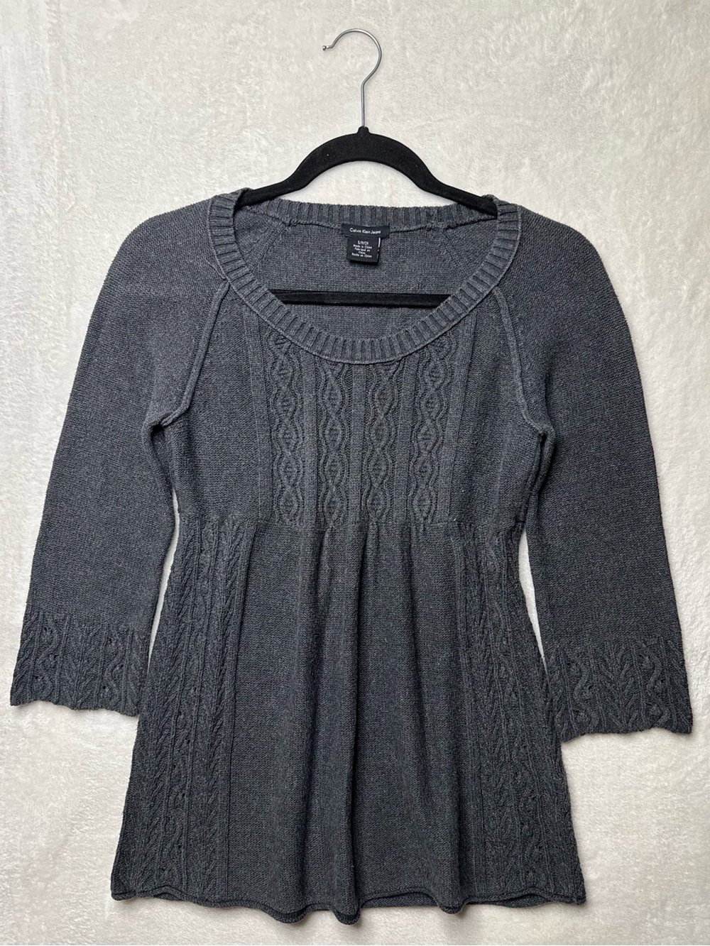 Calvin Klein Y2k Vintage Babydoll Bella Gray Cable-Knit Scoop Neck Sweater SZ S